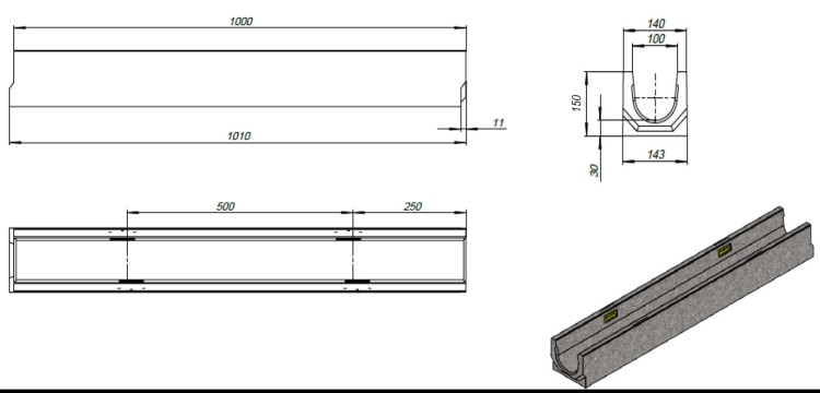 Kanał DN100 H125 A15 12,5x14x100[cm] Odwodnienie Liniowe korytko betonowe / ruszt stal ocynkowana
