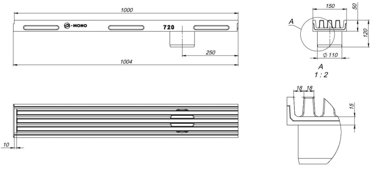 Kanał Grzebieniowy MONO 150 O.D. 5x15x100[cm] C250 PIASKOWY Polimerobetonowy z odpływem Dolnym DN110
