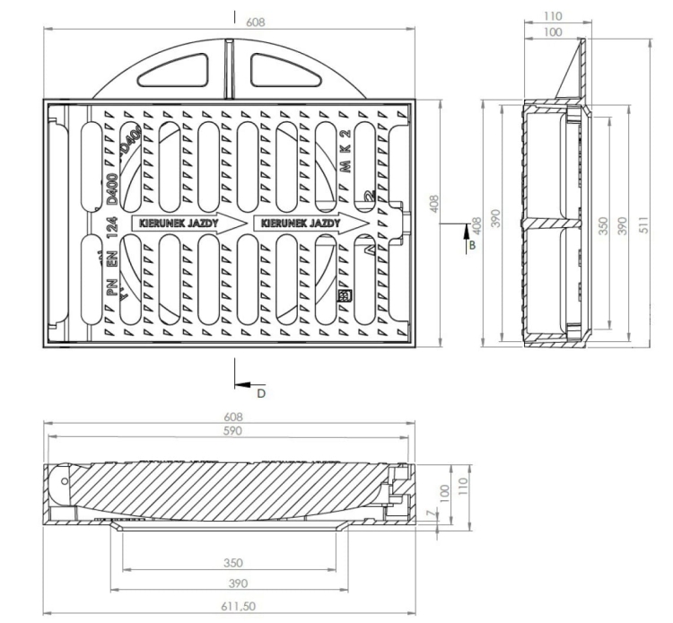 Wpust uliczny BK67 kołnierz 3/4 D400 600x400x100mm żeliwny odpływ burzowy deszczowy