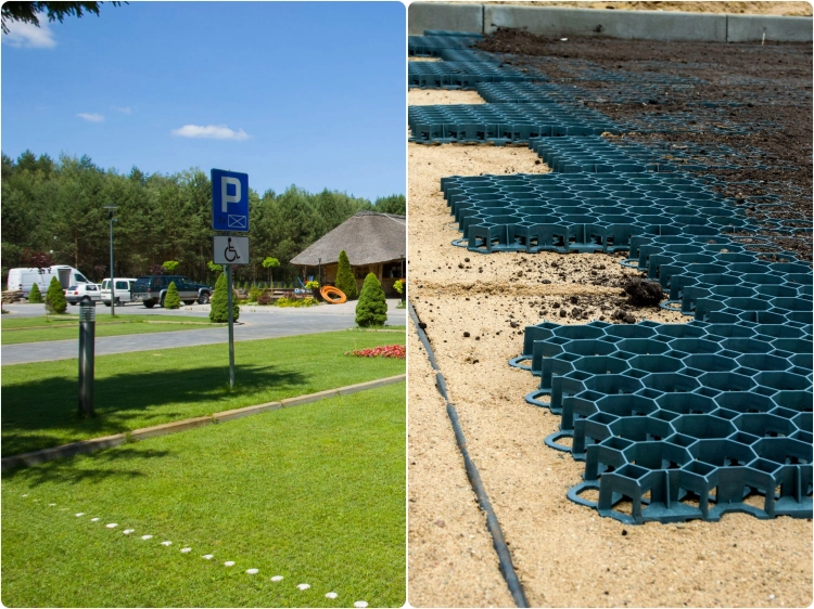 Kratka Parkingowa Trawnikowa Drogowa EkoKratka Geokrata SEMER GRID Typ 1 B - zielony trawiasty parking układanie kraty i efekt końcowy