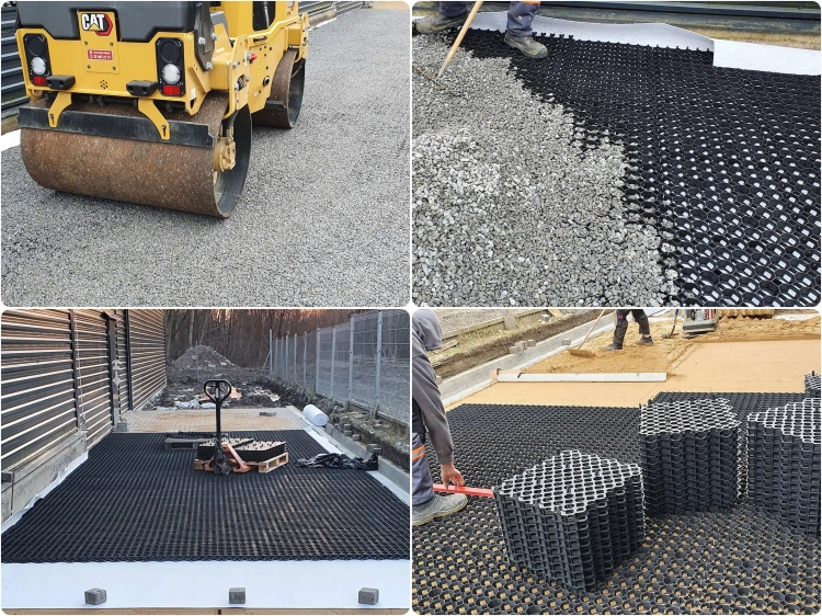 Kratka Parkingowa Trawnikowa Drogowa EkoKratka Geokrata SEMER GRID Typ 1 B -  układanie i zagęszczanie walcem wibracyjnym CAT CB34B