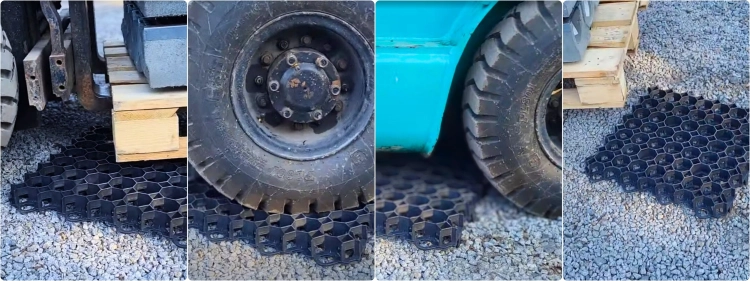 Kratka Parkingowa Trawnikowa Drogowa EkoKratka Geokrata SEMER GRID Typ 1 B - test wytrzymałości wózkiem widłowym Mitsubishi